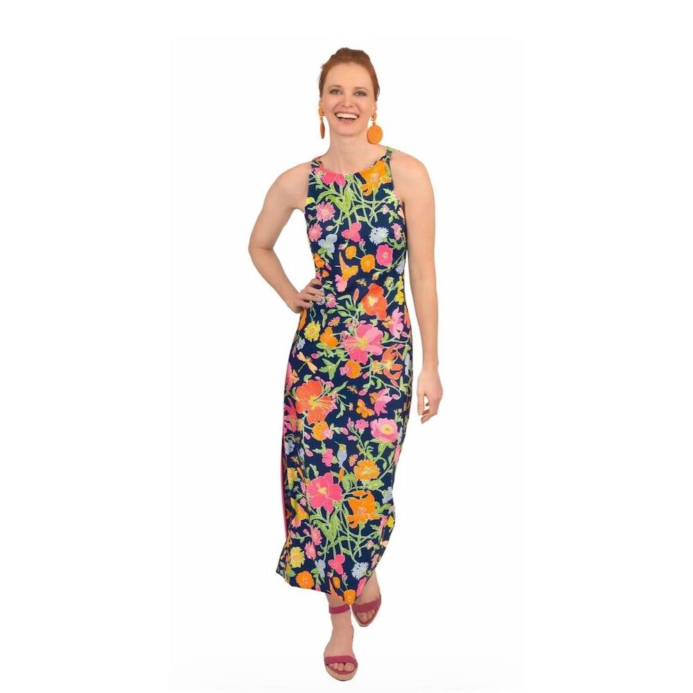 NWT Gretchen Scott Jersey Slick Maxi Dress Birds and the Bees Print - Navy